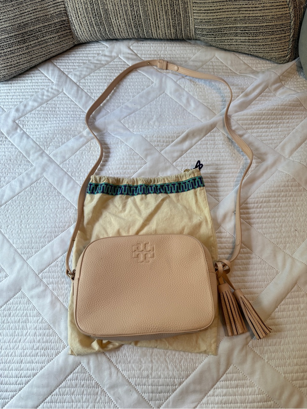 Tory Burch Thea Pebbled Leather Camera Crossbody Bag in Blush Pink with Tassel